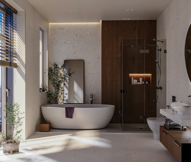 Bagno raffinato con vasca in stile quiet luxury