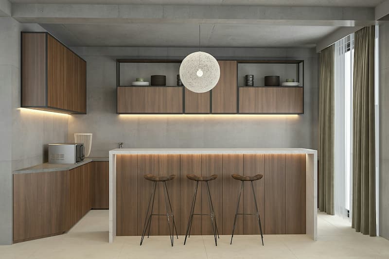 cucina su misura di design in legno con parete in cemento