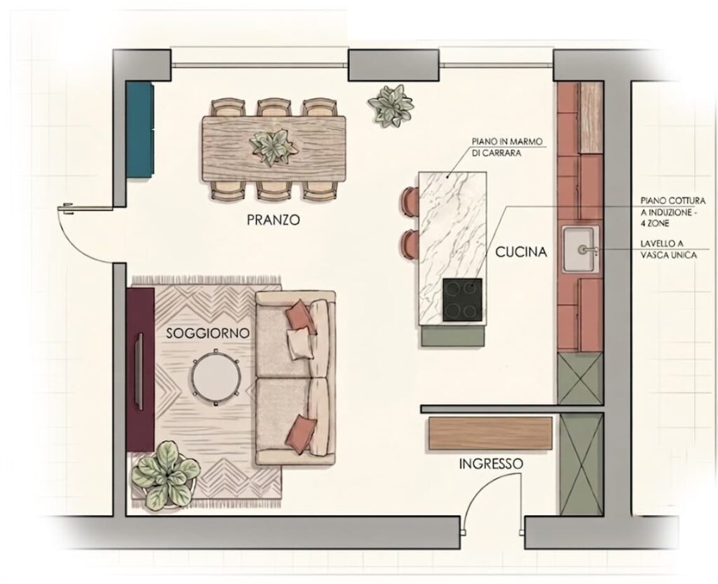 Layout open space del progetto di interior design Japandi e brasiliano