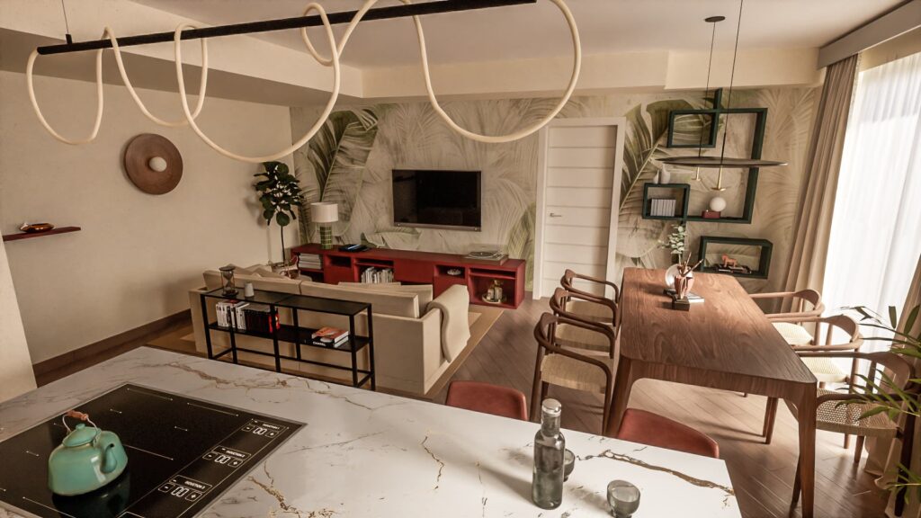 Cucina contemporanea con isola e dettagli in noce cannettato
