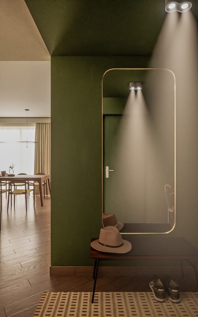Ingresso ispirato al genkan giapponese con pareti verde oliva
