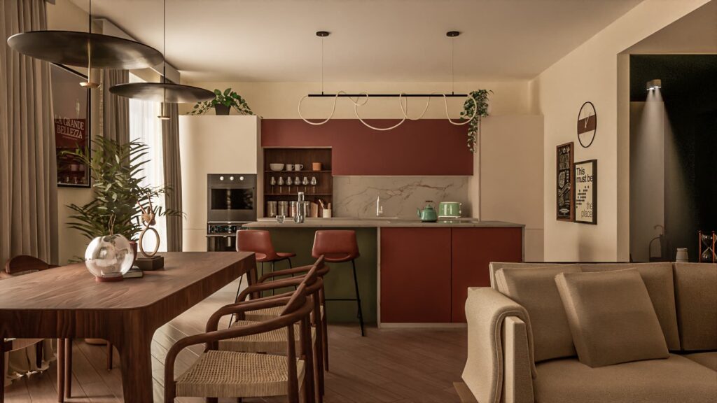Open space in stile Japandi e brasiliano con cucina e living contemporaneo