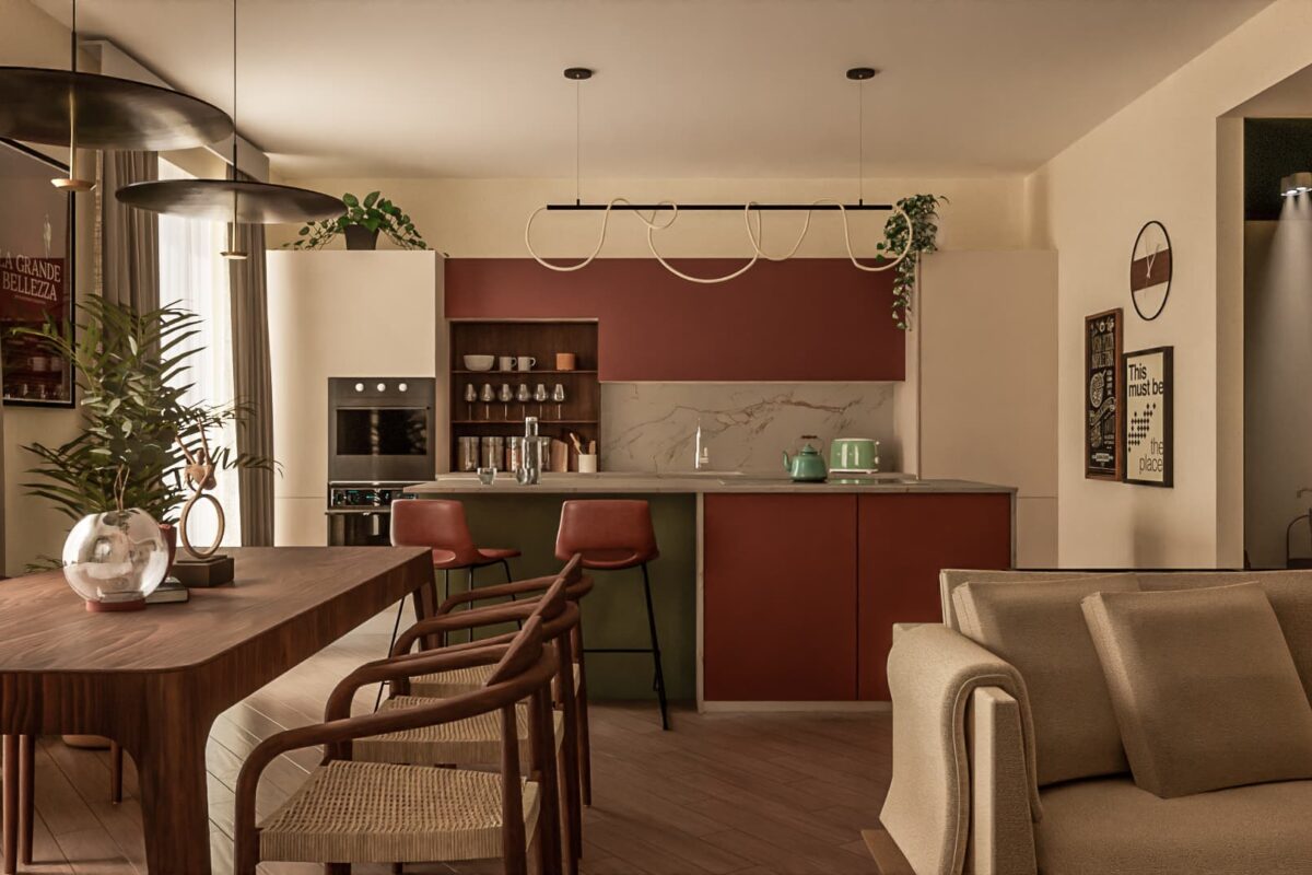 Open space in stile Japandi e brasiliano con cucina e living contemporaneo