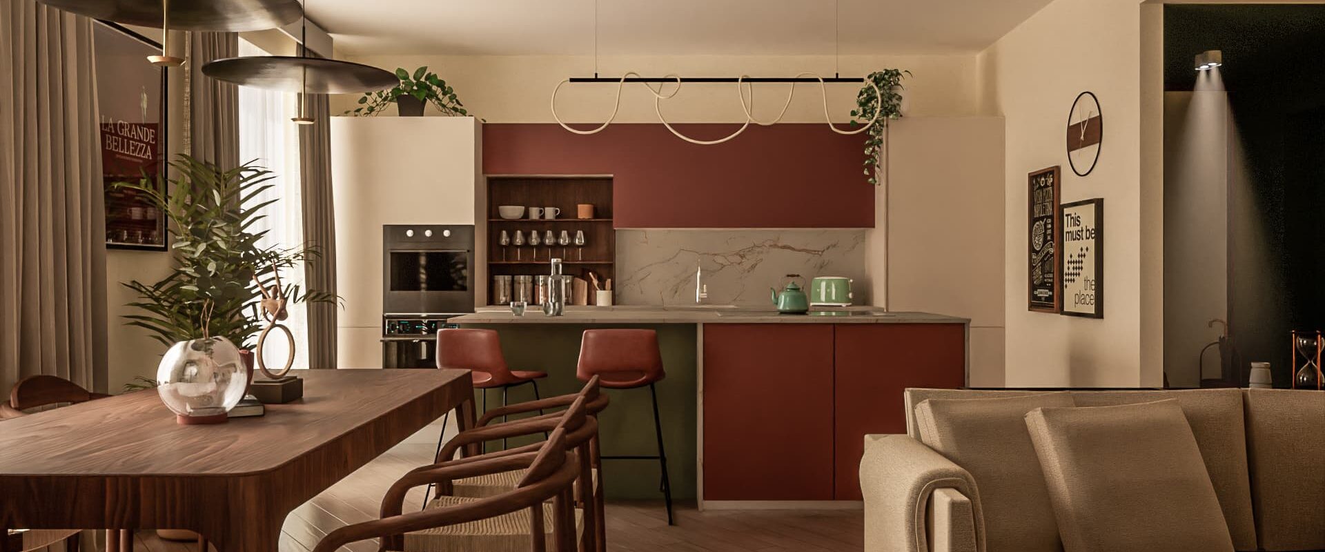 Open space in stile Japandi e brasiliano con cucina e living contemporaneo