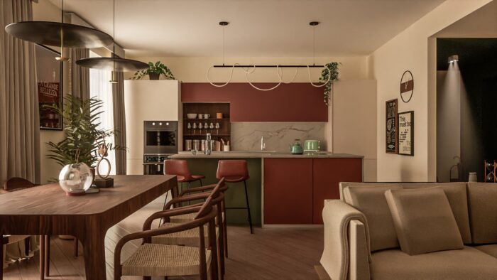 Open space in stile Japandi e brasiliano con cucina e living contemporaneo