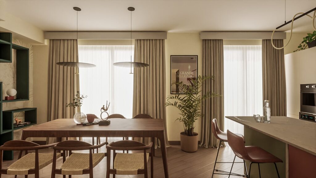 Living moderno con cucina a vista e palette beige e verde oliva
